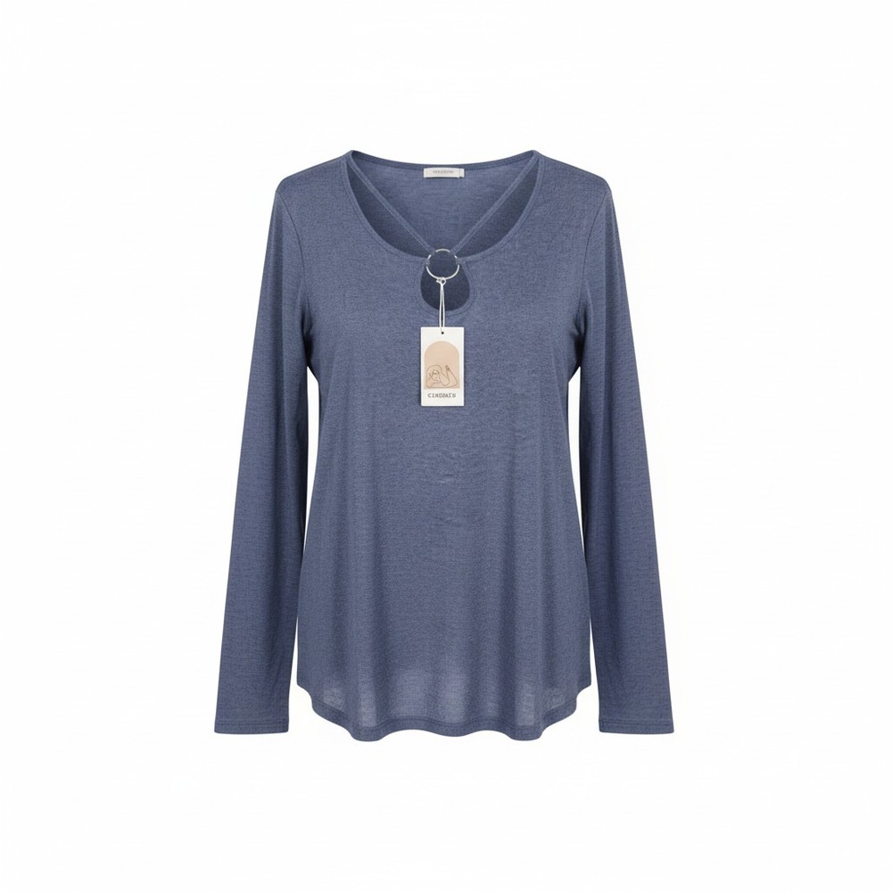 Gihgoew Women's Blue Long Sleeve T-Shirt‎ with  Keyhole Neck w/Ring Size M Soft